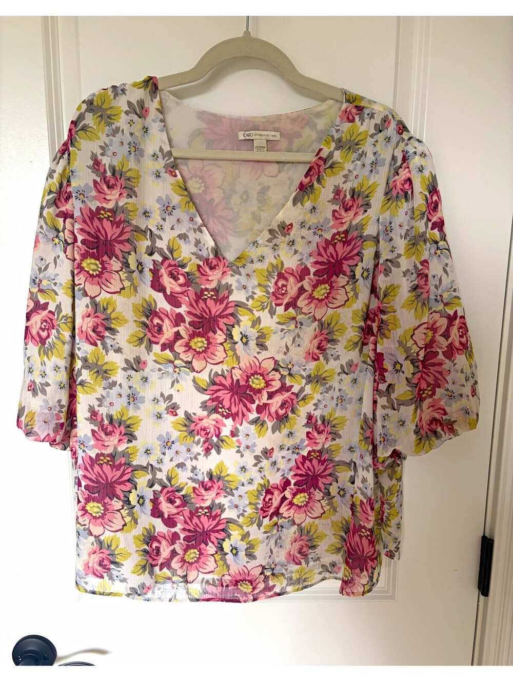 Cato Women’s Plus Blouse 22/24W Floral V-Neck Chiffon Sheer Lined Ruffle